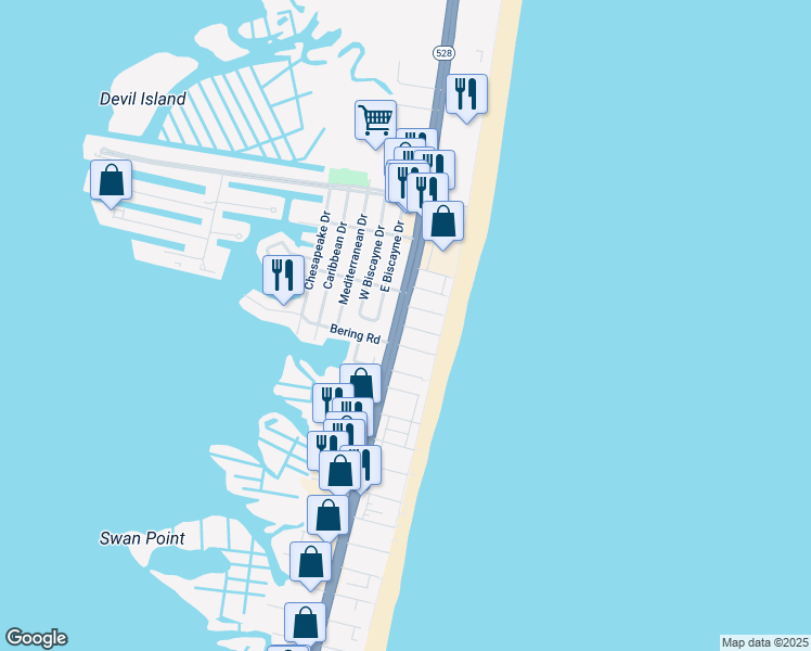 map of restaurants, bars, coffee shops, grocery stores, and more near 8805 Coastal Highway in Ocean City