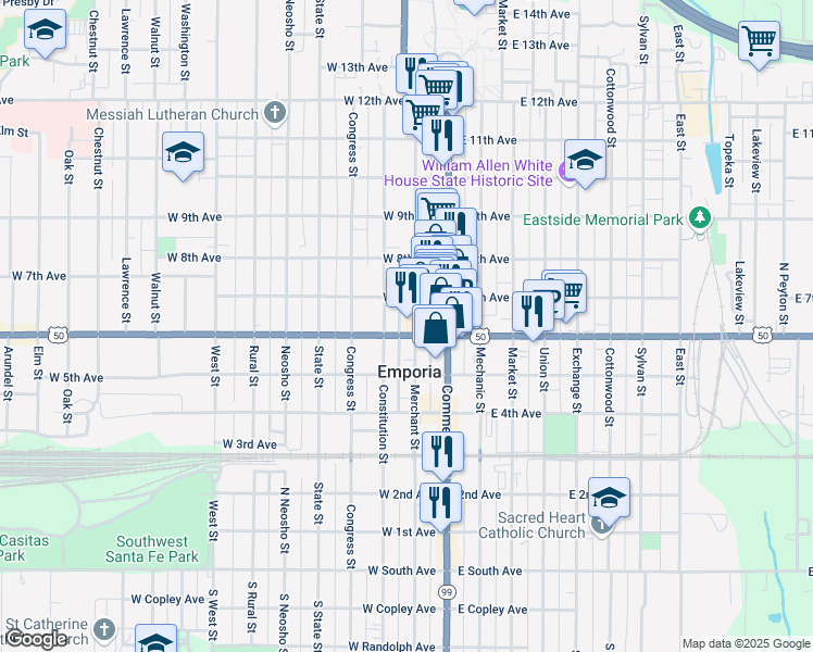 map of restaurants, bars, coffee shops, grocery stores, and more near 623 Merchant Street in Emporia