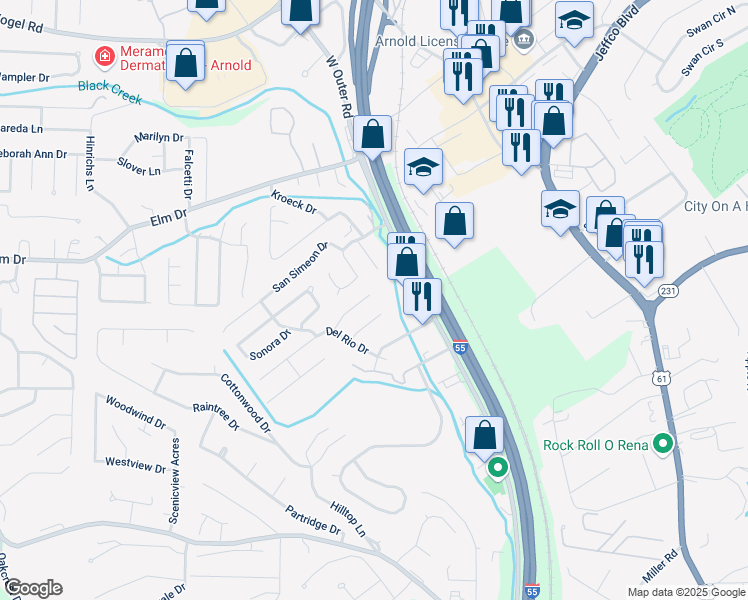 map of restaurants, bars, coffee shops, grocery stores, and more near 2020 San Angelo Drive in Arnold