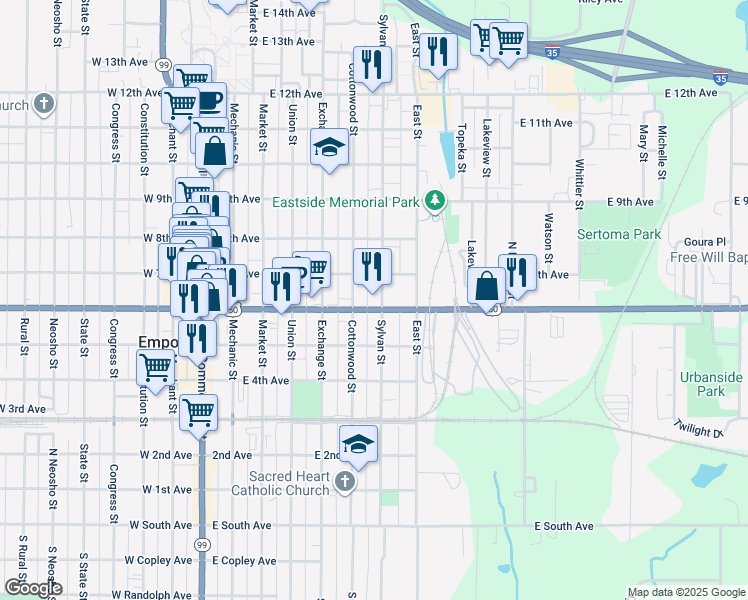 map of restaurants, bars, coffee shops, grocery stores, and more near 625 Sylvan Street in Emporia