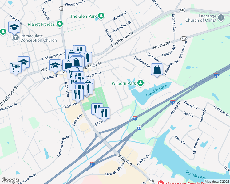 map of restaurants, bars, coffee shops, grocery stores, and more near 309 Crystal Wash Drive in La Grange
