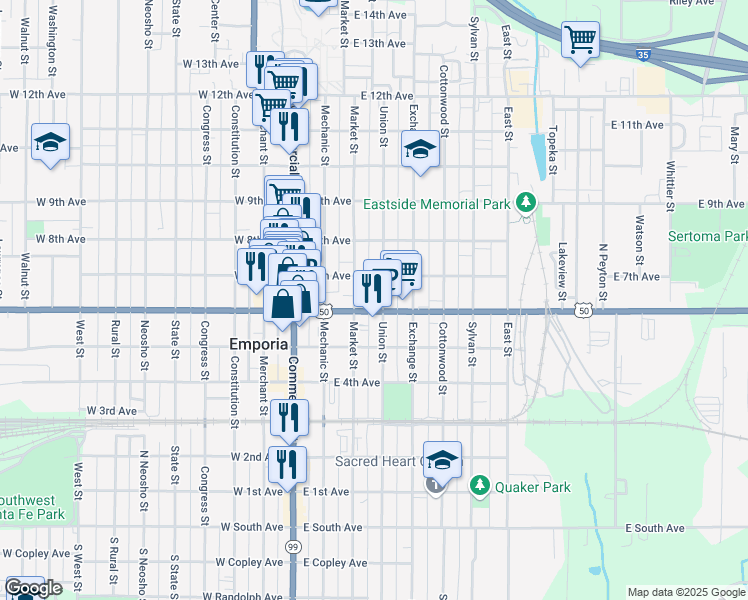 map of restaurants, bars, coffee shops, grocery stores, and more near 224 East 6th Avenue in Emporia