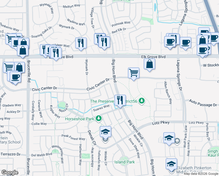 map of restaurants, bars, coffee shops, grocery stores, and more near 9696 Philta Way in Elk Grove