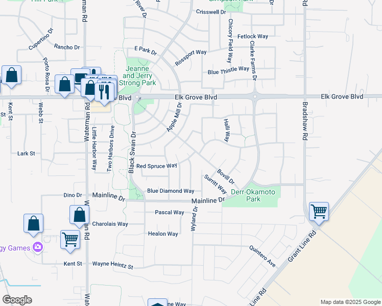 map of restaurants, bars, coffee shops, grocery stores, and more near 9697 Bovill Drive in Elk Grove