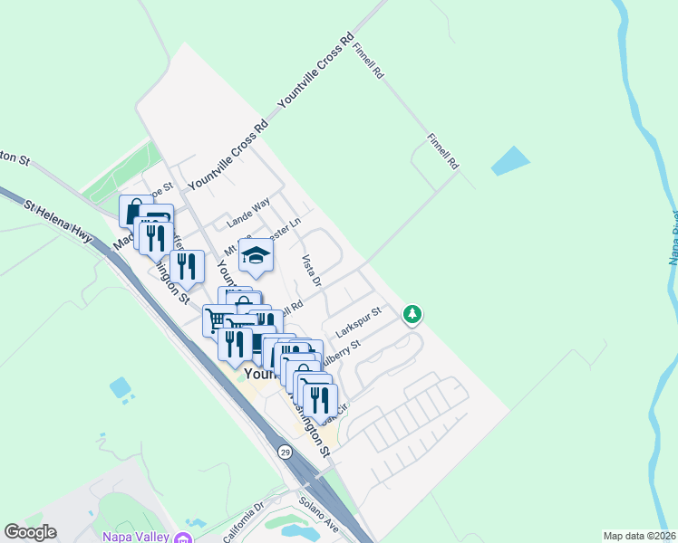 map of restaurants, bars, coffee shops, grocery stores, and more near 108 Vineyard Circle in Yountville
