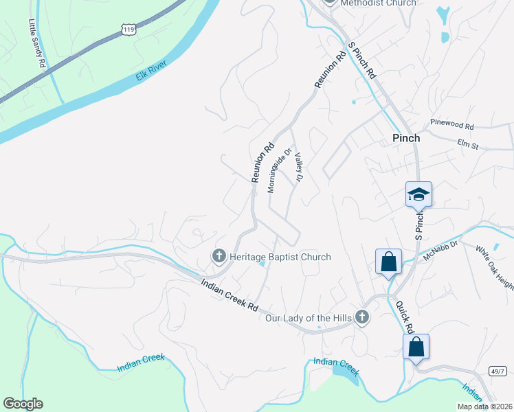 map of restaurants, bars, coffee shops, grocery stores, and more near 131 Morningside Drive in Elkview