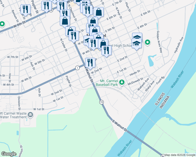 map of restaurants, bars, coffee shops, grocery stores, and more near 149-199 North Chestnut Street in Mount Carmel