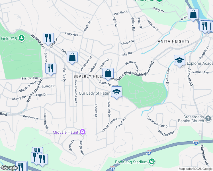 map of restaurants, bars, coffee shops, grocery stores, and more near 2623 Washington Boulevard in Huntington