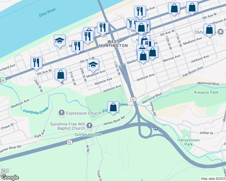 map of restaurants, bars, coffee shops, grocery stores, and more near 1722 Jackson Ave in Huntington