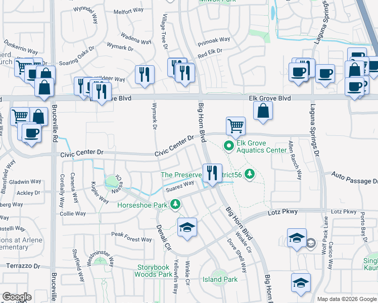 map of restaurants, bars, coffee shops, grocery stores, and more near 9709 Enviro Way in Elk Grove