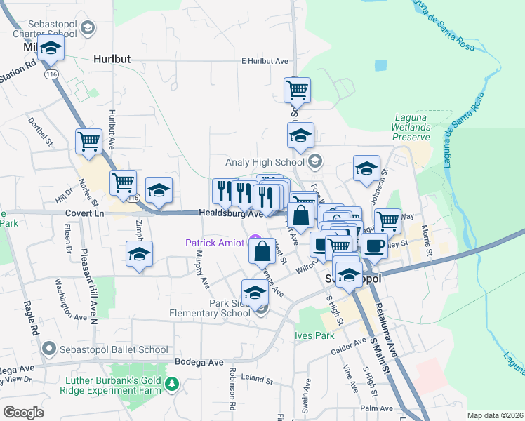 map of restaurants, bars, coffee shops, grocery stores, and more near 549 Cleveland Avenue in Sebastopol