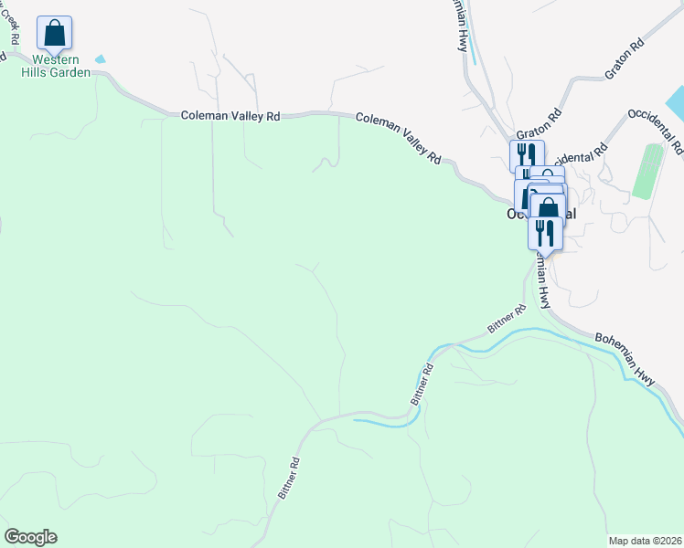 map of restaurants, bars, coffee shops, grocery stores, and more near 15606 Bittner Road in Occidental