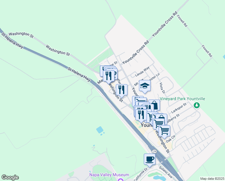 map of restaurants, bars, coffee shops, grocery stores, and more near 6711 Washington Street in Yountville
