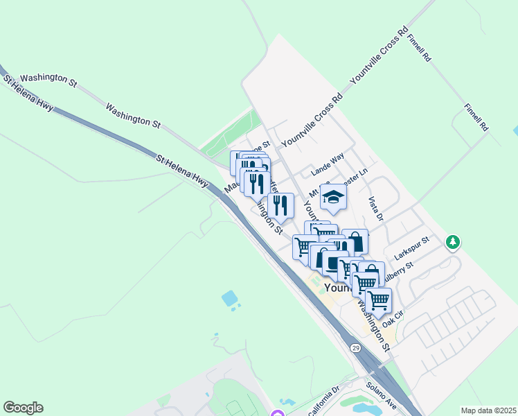 map of restaurants, bars, coffee shops, grocery stores, and more near 6711 Washington Street in Yountville