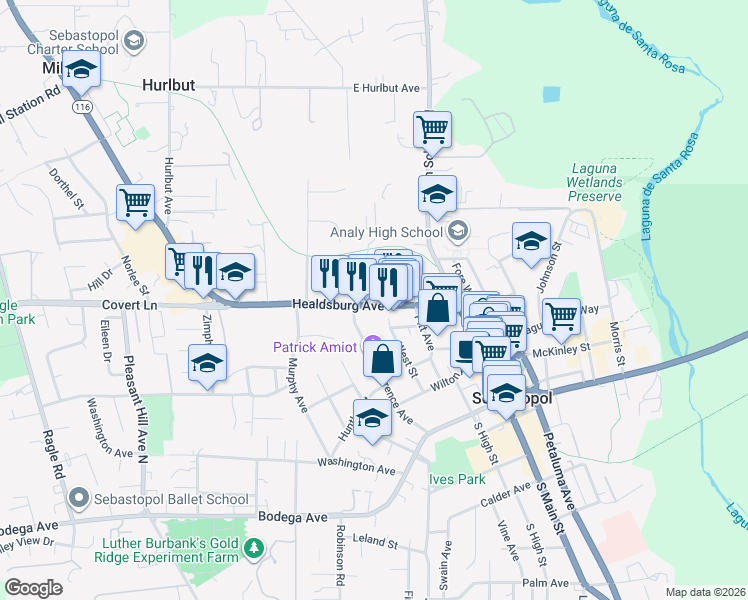 map of restaurants, bars, coffee shops, grocery stores, and more near 570 Ellis Court in Sebastopol