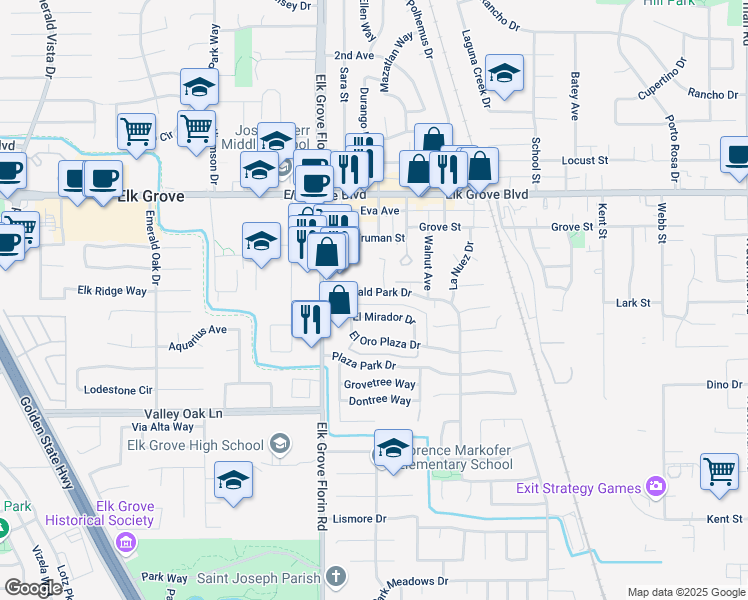 map of restaurants, bars, coffee shops, grocery stores, and more near 9512 Emerald Park Drive in Elk Grove
