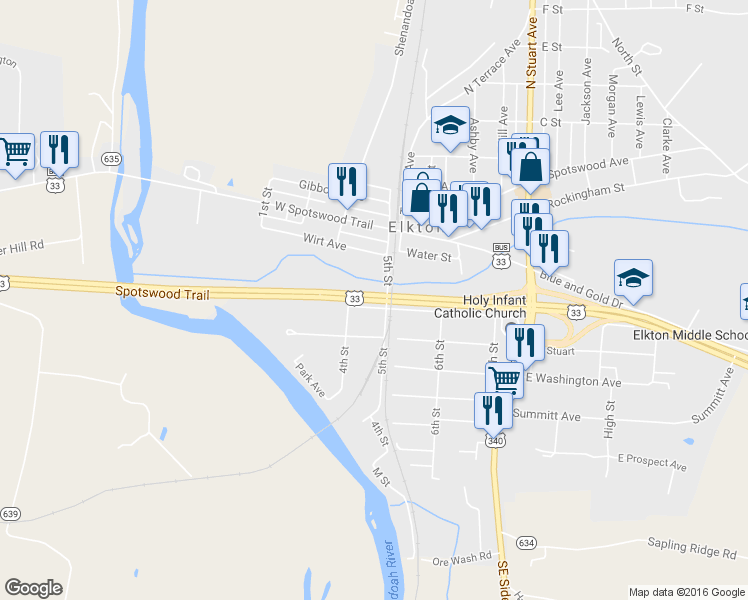 map of restaurants, bars, coffee shops, grocery stores, and more near Spotswood Trail in Elkton