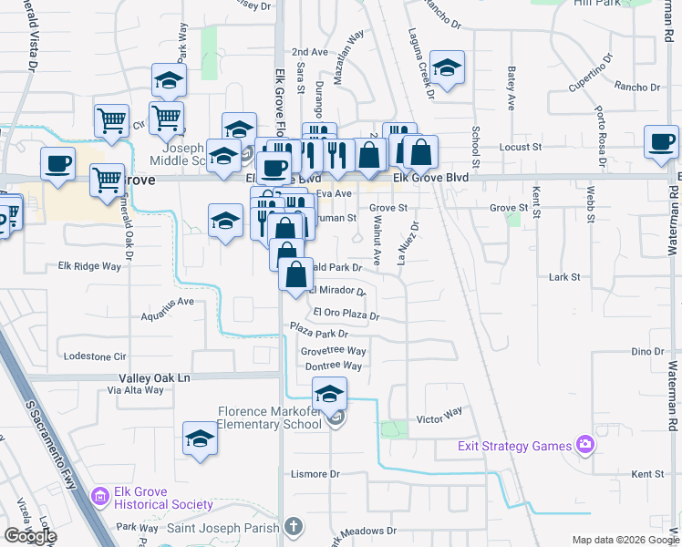 map of restaurants, bars, coffee shops, grocery stores, and more near 9524 Emerald Park Drive in Elk Grove