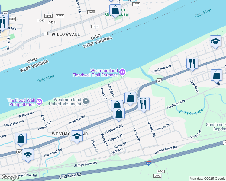 map of restaurants, bars, coffee shops, grocery stores, and more near 207 33rd Street West in Huntington