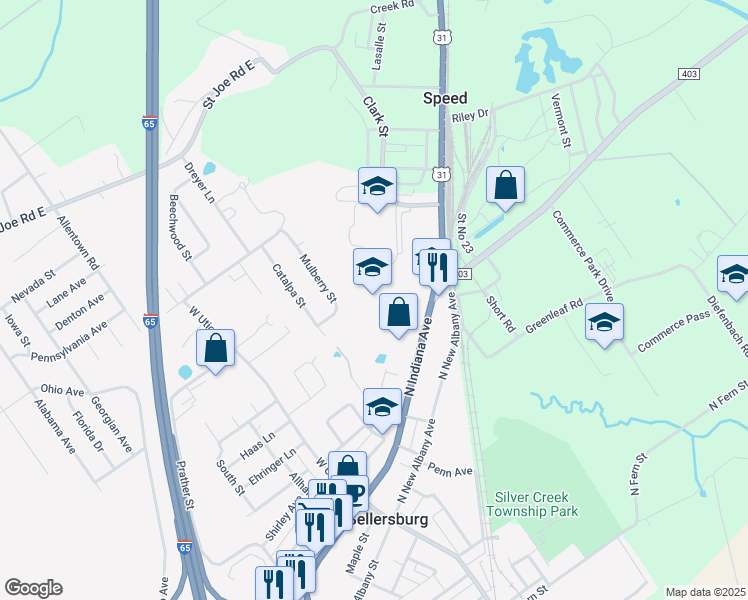 map of restaurants, bars, coffee shops, grocery stores, and more near 495 North Indiana Avenue in Sellersburg