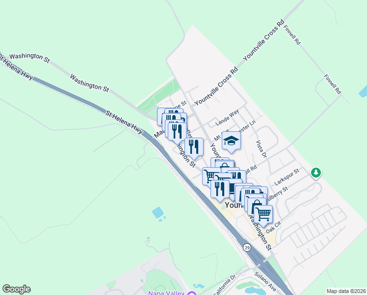 map of restaurants, bars, coffee shops, grocery stores, and more near 6706 Washington Street in Yountville