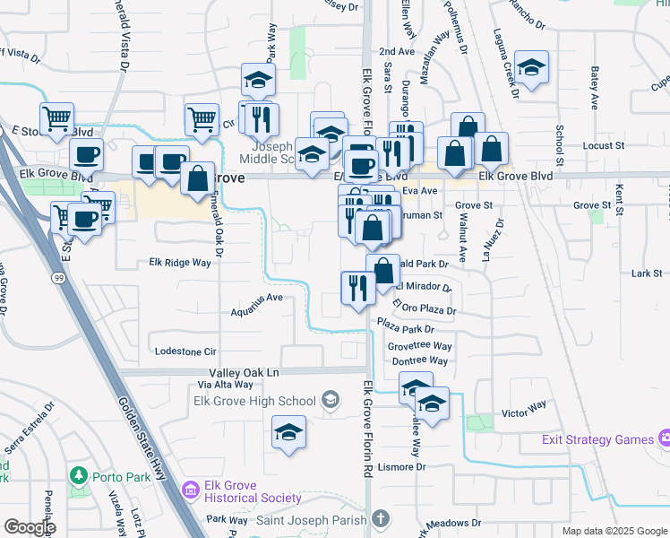 map of restaurants, bars, coffee shops, grocery stores, and more near 9684 Melrose Avenue in Elk Grove