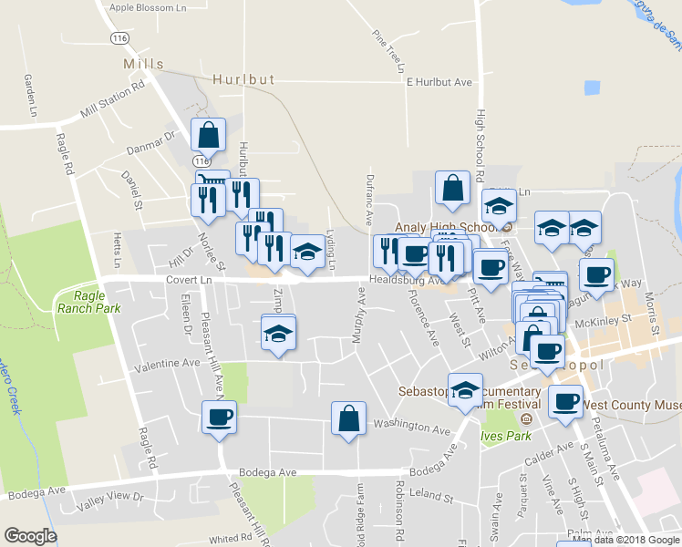 map of restaurants, bars, coffee shops, grocery stores, and more near 7758 Healdsburg Avenue in Sebastopol
