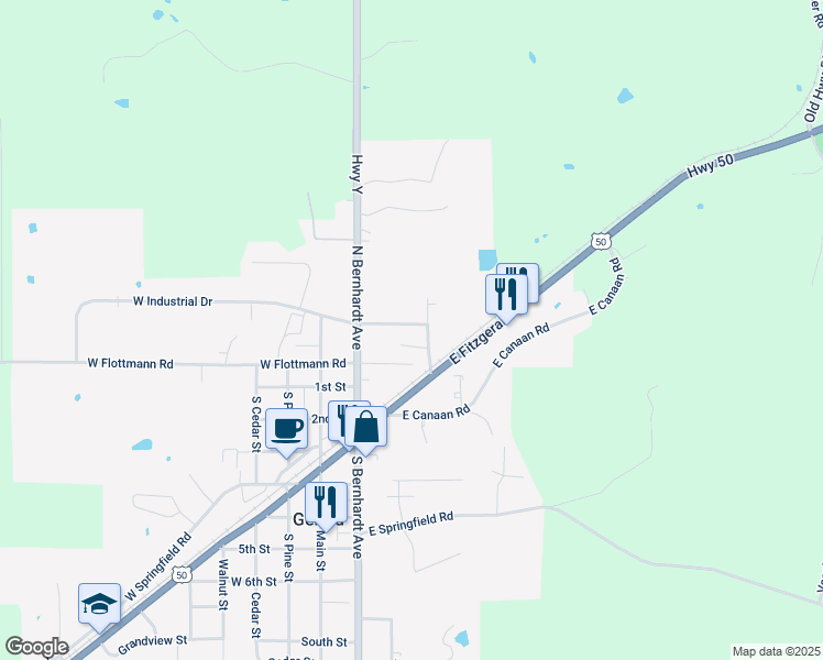 map of restaurants, bars, coffee shops, grocery stores, and more near 404 East Industrial Drive in Gerald