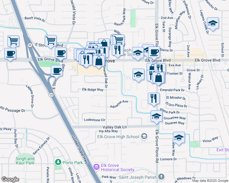 map of restaurants, bars, coffee shops, grocery stores, and more near 8775 Jadestone Court in Elk Grove