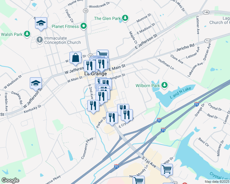 map of restaurants, bars, coffee shops, grocery stores, and more near 219 South Cedar Avenue in La Grange