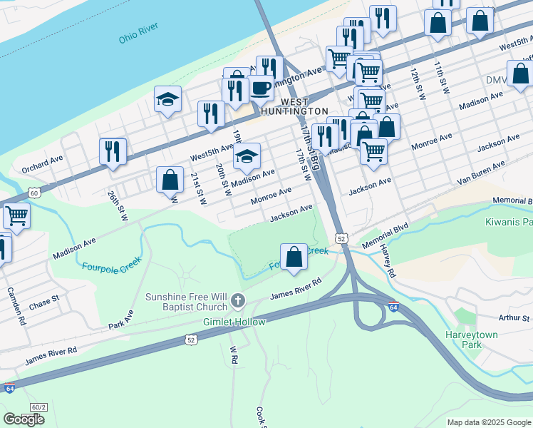 map of restaurants, bars, coffee shops, grocery stores, and more near 1835 Monroe Avenue in Huntington