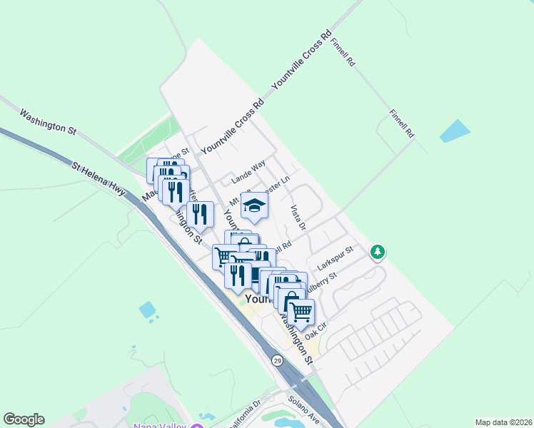 map of restaurants, bars, coffee shops, grocery stores, and more near 6600 Yount Street in Yountville