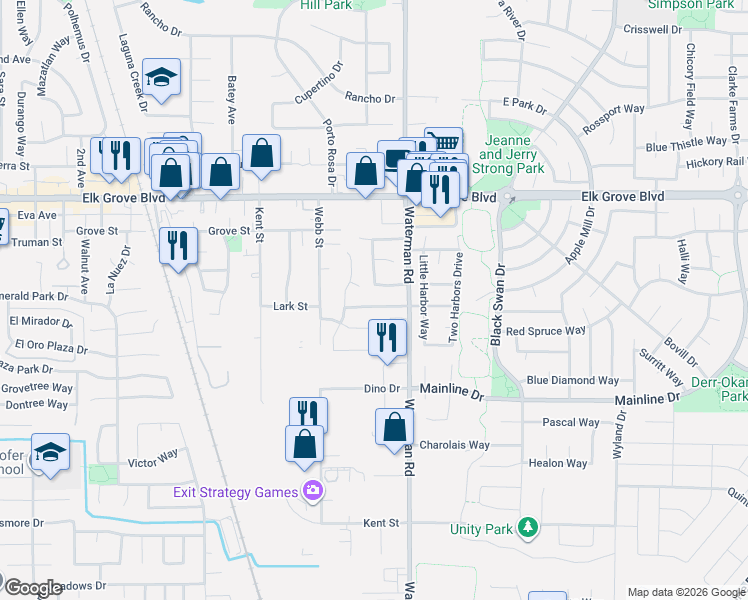 map of restaurants, bars, coffee shops, grocery stores, and more near 9670 Gruwell Way in Elk Grove
