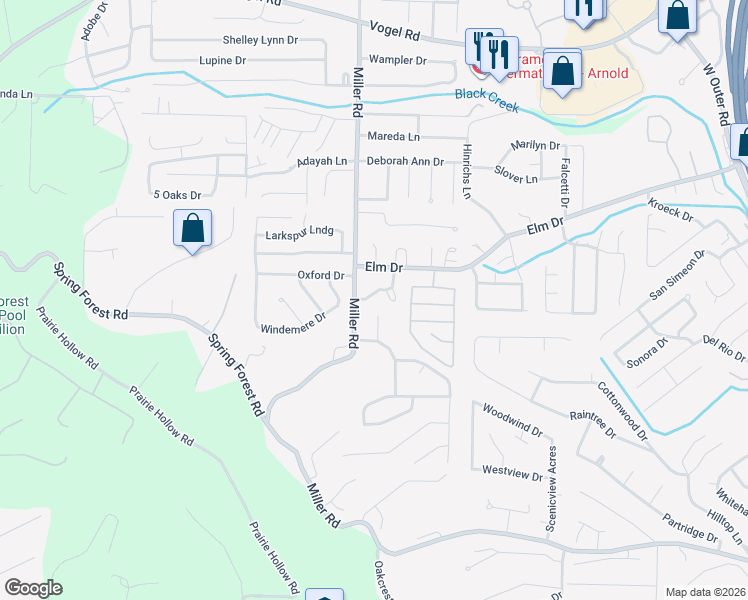 map of restaurants, bars, coffee shops, grocery stores, and more near 2713 Cherry Brook Drive in Arnold
