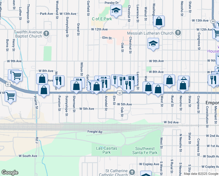 map of restaurants, bars, coffee shops, grocery stores, and more near 631 Elm Street in Emporia
