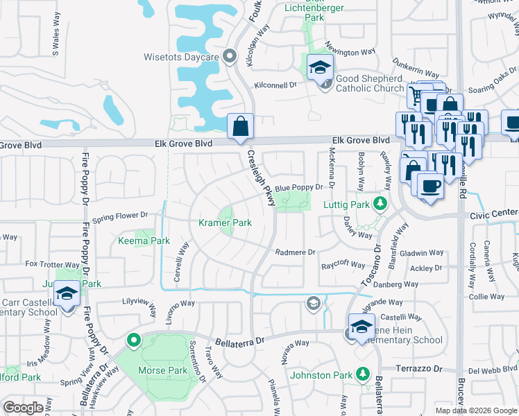 map of restaurants, bars, coffee shops, grocery stores, and more near 9624 Fire Station Court in Elk Grove