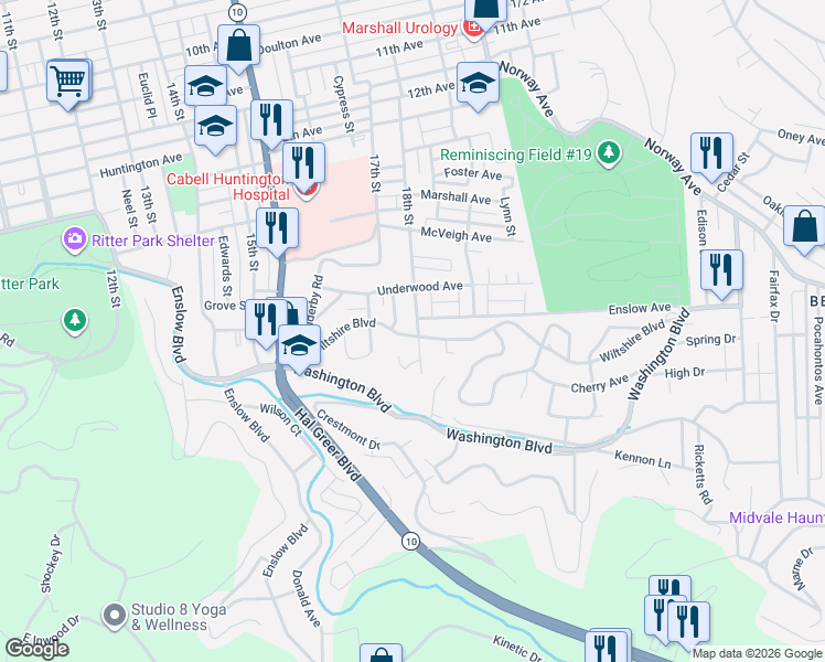 map of restaurants, bars, coffee shops, grocery stores, and more near 1922 Parkview Street in Huntington