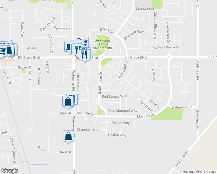 map of restaurants, bars, coffee shops, grocery stores, and more near 9700 Copper Lake Court in Elk Grove