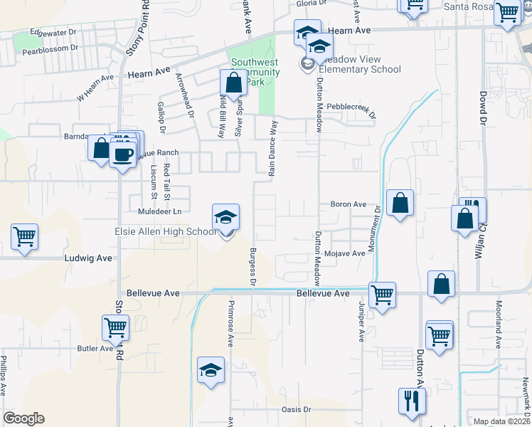 map of restaurants, bars, coffee shops, grocery stores, and more near 2026 Burgess Drive in Santa Rosa