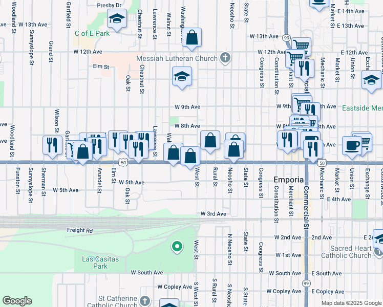 map of restaurants, bars, coffee shops, grocery stores, and more near 623-625 Washington St in Emporia