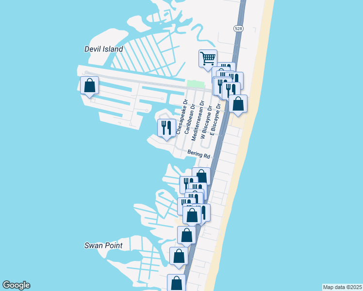 map of restaurants, bars, coffee shops, grocery stores, and more near 8703 Caribbean Drive in Ocean City