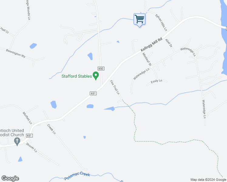 map of restaurants, bars, coffee shops, grocery stores, and more near 38 Fire Trail Lane in Fredericksburg
