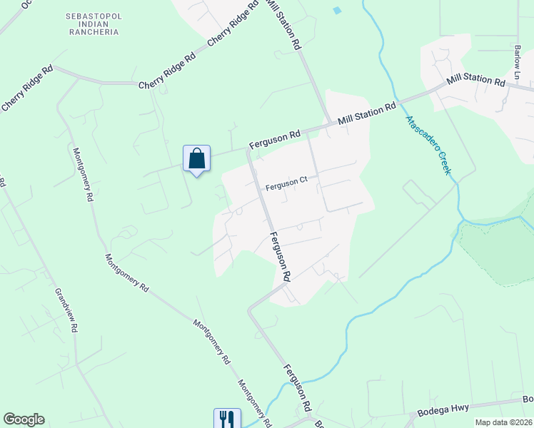 map of restaurants, bars, coffee shops, grocery stores, and more near 825 Ferguson Road in Sebastopol