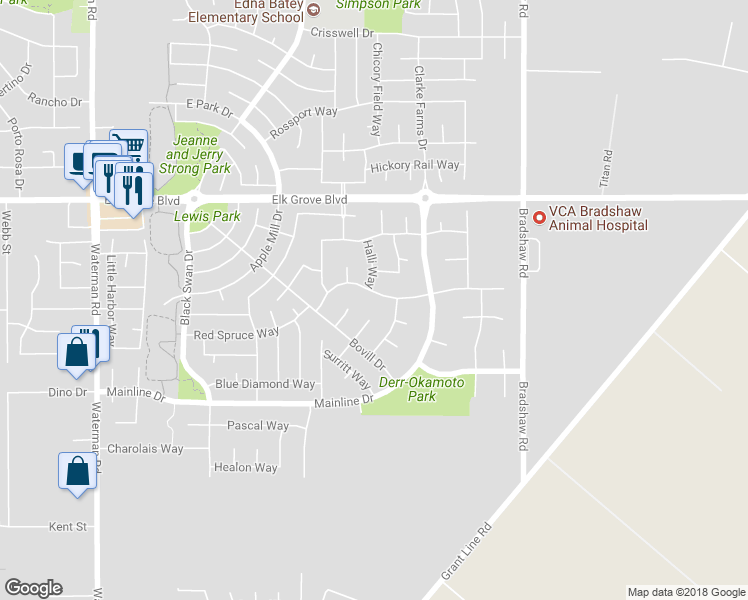 map of restaurants, bars, coffee shops, grocery stores, and more near 9550 Nordman Way in Elk Grove