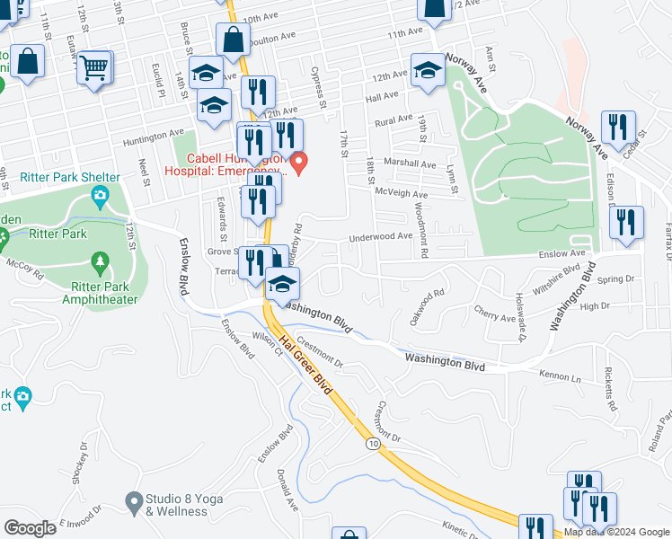 map of restaurants, bars, coffee shops, grocery stores, and more near 1697 Wiltshire Boulevard in Huntington