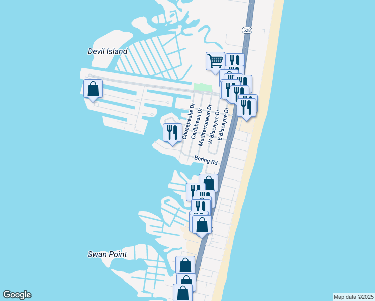 map of restaurants, bars, coffee shops, grocery stores, and more near 8703 Caribbean Drive in Ocean City