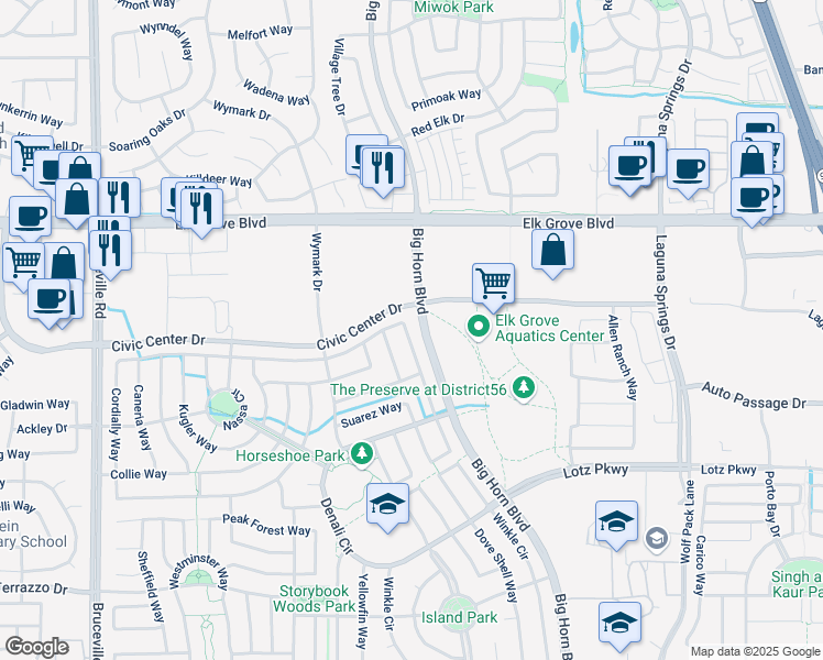 map of restaurants, bars, coffee shops, grocery stores, and more near 9689 Philta Way in Elk Grove