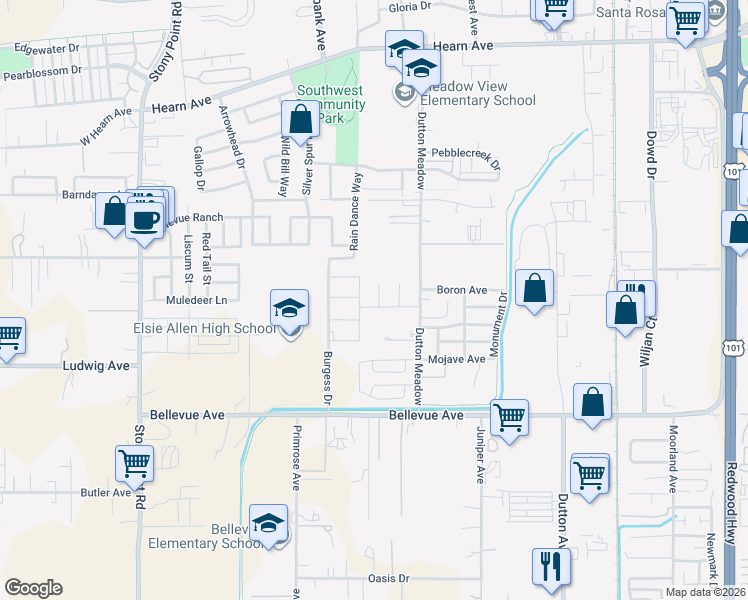map of restaurants, bars, coffee shops, grocery stores, and more near 2875 Dutton Meadow in Santa Rosa