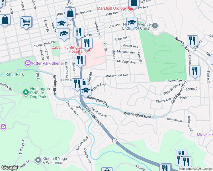 map of restaurants, bars, coffee shops, grocery stores, and more near 1922 Parkview Street in Huntington