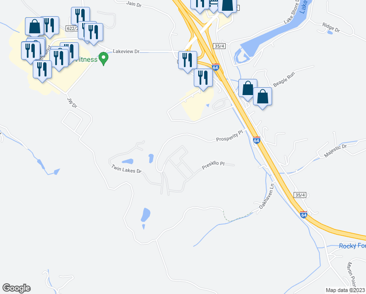 map of restaurants, bars, coffee shops, grocery stores, and more near 28 Presidio Pointe in Nitro